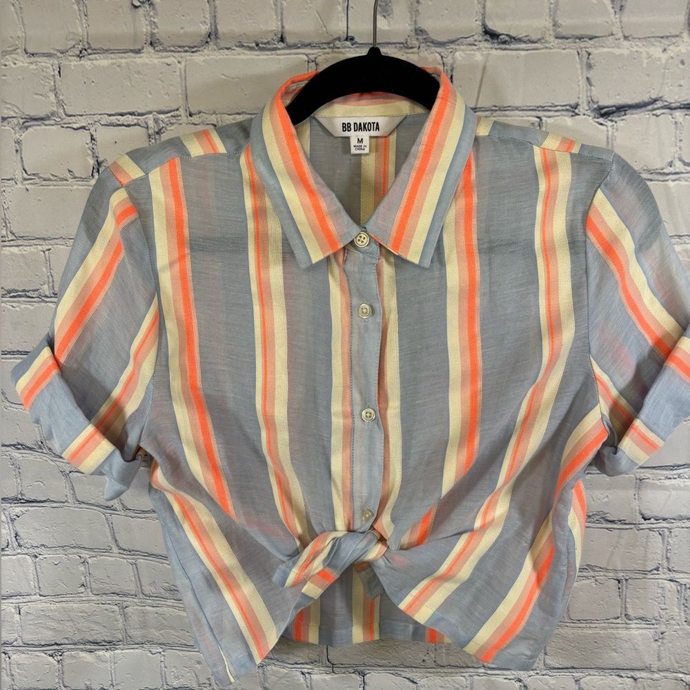 BB Dakota Blue Orange Tie Front Stripped Preppy Vacation Beach Crop Shirt M